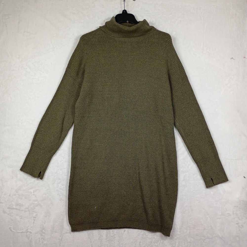 Aerie Womens Olive Green Waffle Knit Turtleneck Sweater Dress Medium Longline